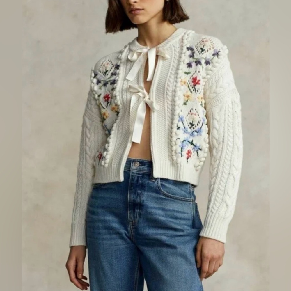 New Polo Ralph Lauren Embroidered Cable Cardigan